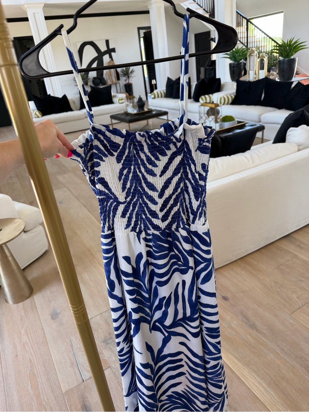 Blue and White Palm Print Maxi Dress